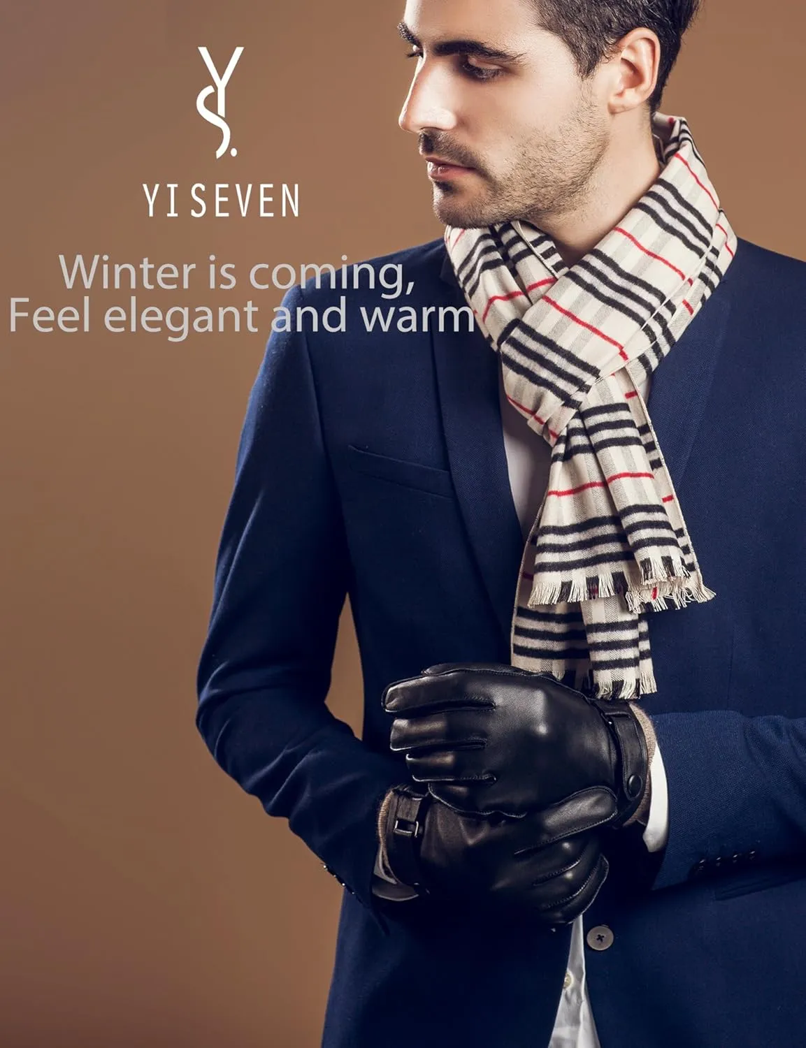 YISEVEN Men's Winter Cashmere Lined Touchscreen Lambskin Leather Gloves