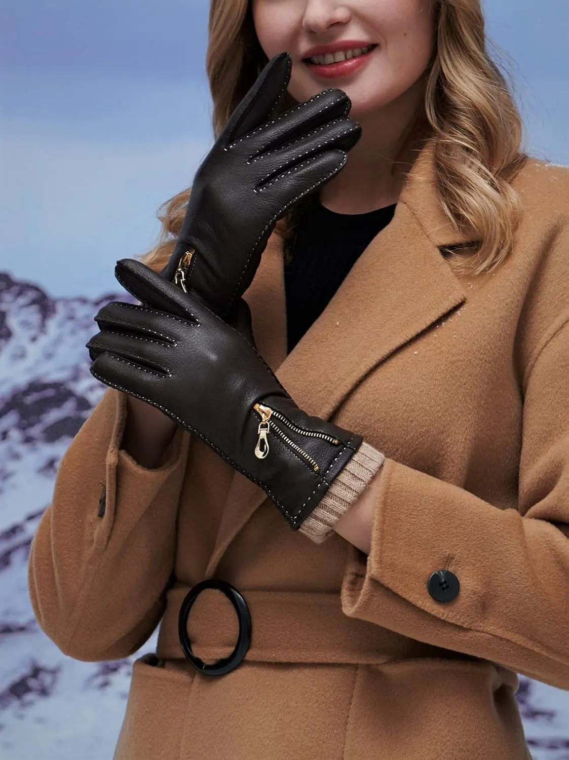 YISEVEN Women's Deerskin Leather Gloves Hand Sewn